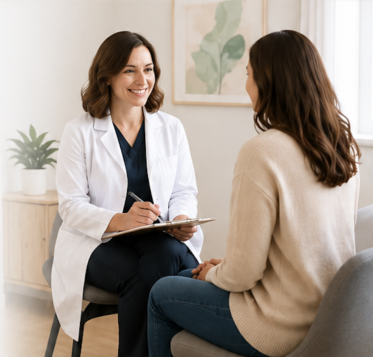 Female provider consulting with patient during pap smear appointment in Pittsburgh clinic