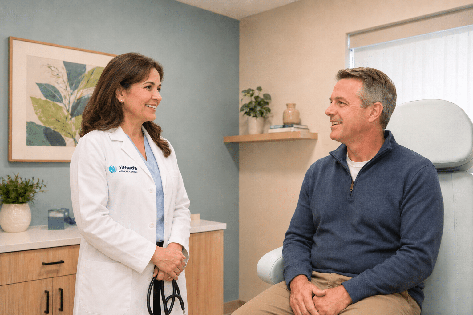 Primary care provider speaking with an adult male patient during a high blood pressure management visit at Altheda Medical Center in Pittsburgh.