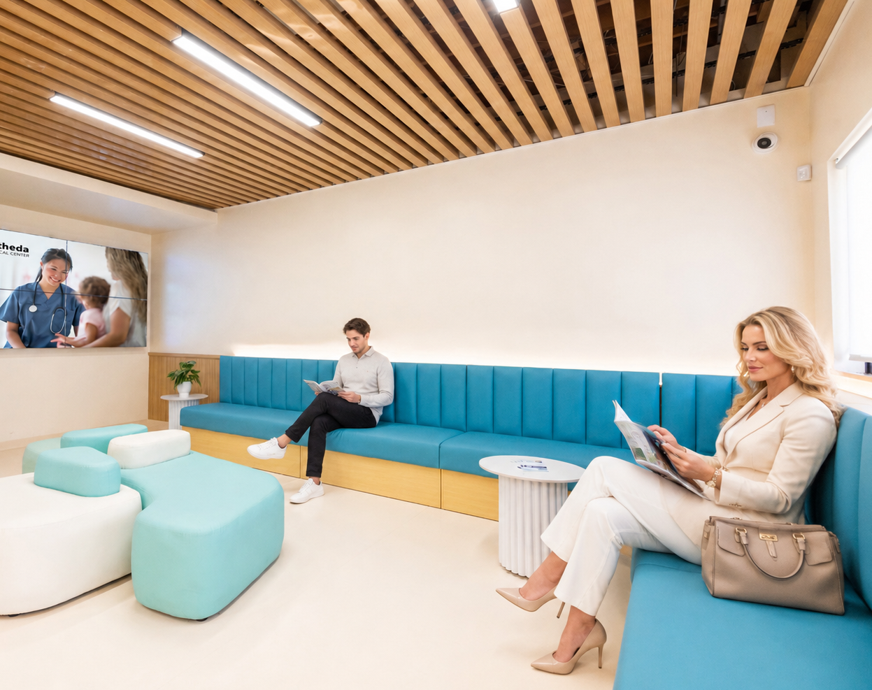 Spacious Altheda Medical Center lobby with reception desk, modern seating, and patient waiting area