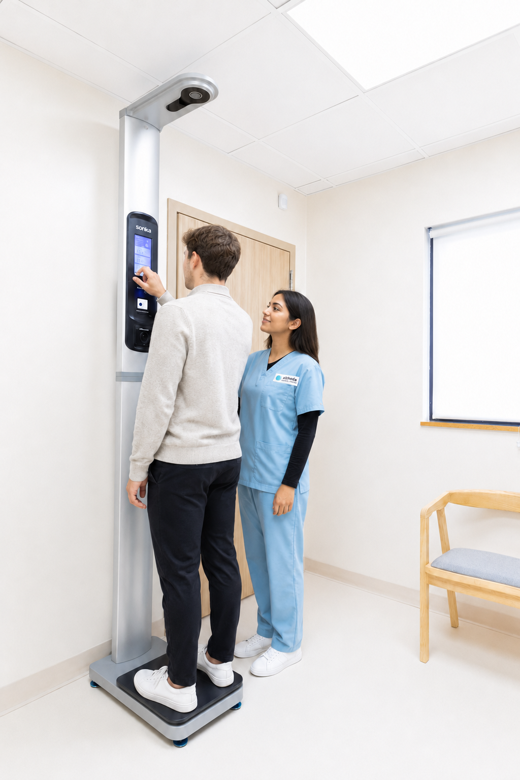 Altheda Medical Center staff assisting a patient with body composition measurement for traige in a clinical exam room