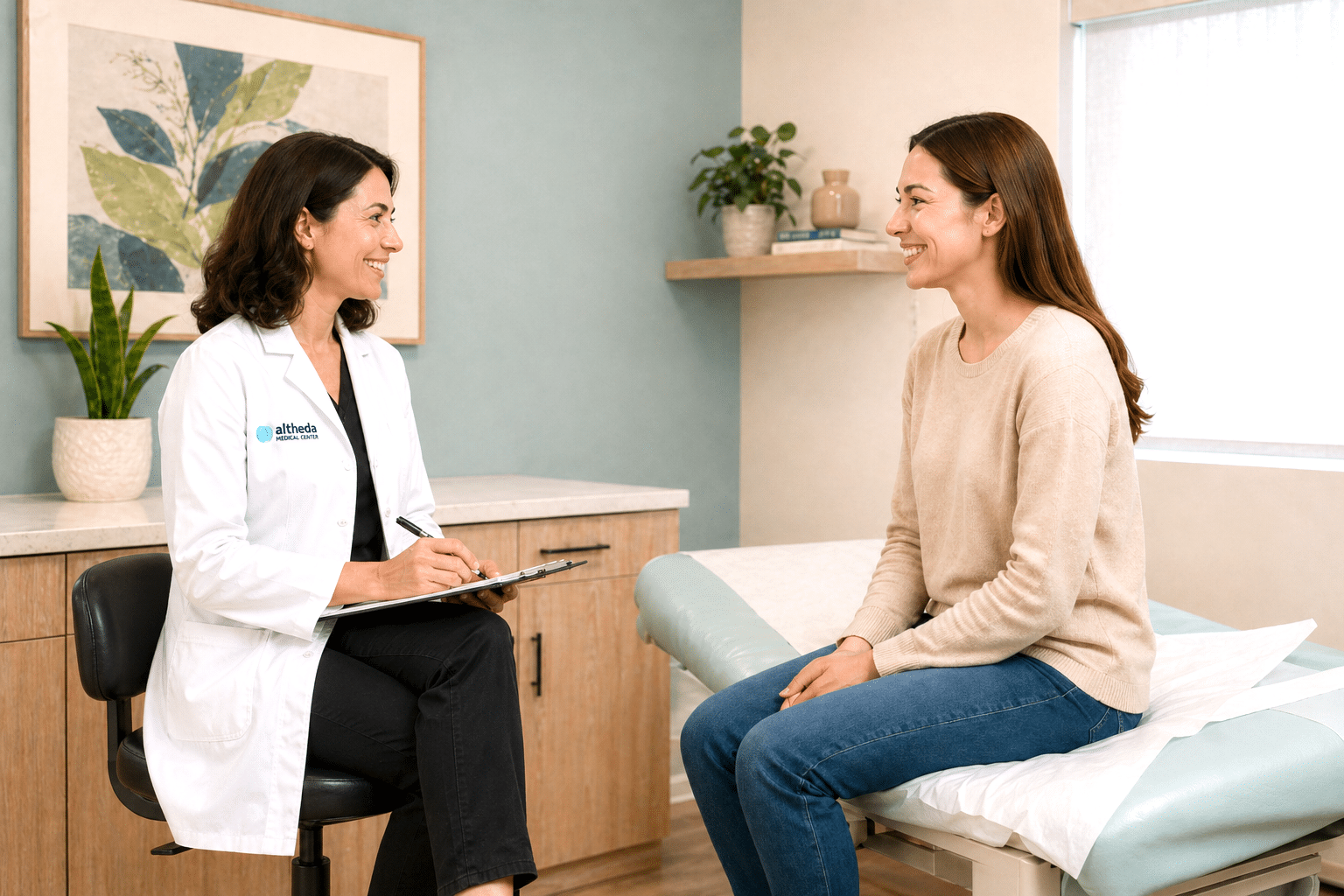 Provider speaking with a patient during a PCOS management or women's health visit at Altheda Medical Center near Pittsburgh.