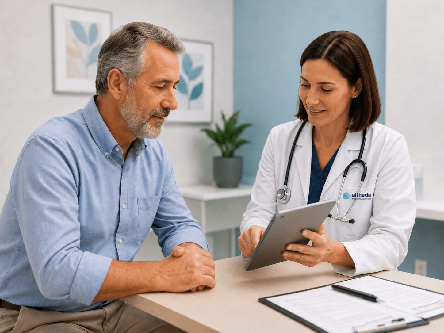 Provider discussing thyroid management and lab review with a patient at Altheda Medical Center near Pittsburgh.