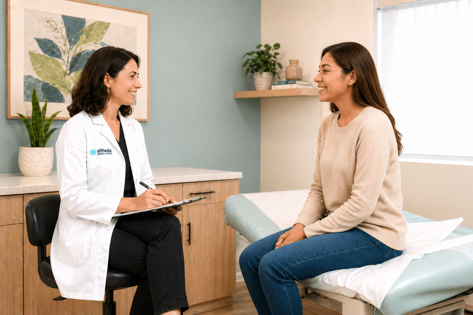 Provider speaking with a patient during a preventive women's health visit at Altheda Medical Center near Pittsburgh.
